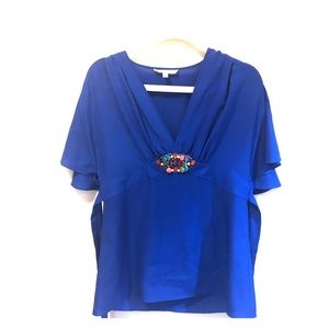 Caché LUXE Royal Blue Blouse with Gemstone Accent